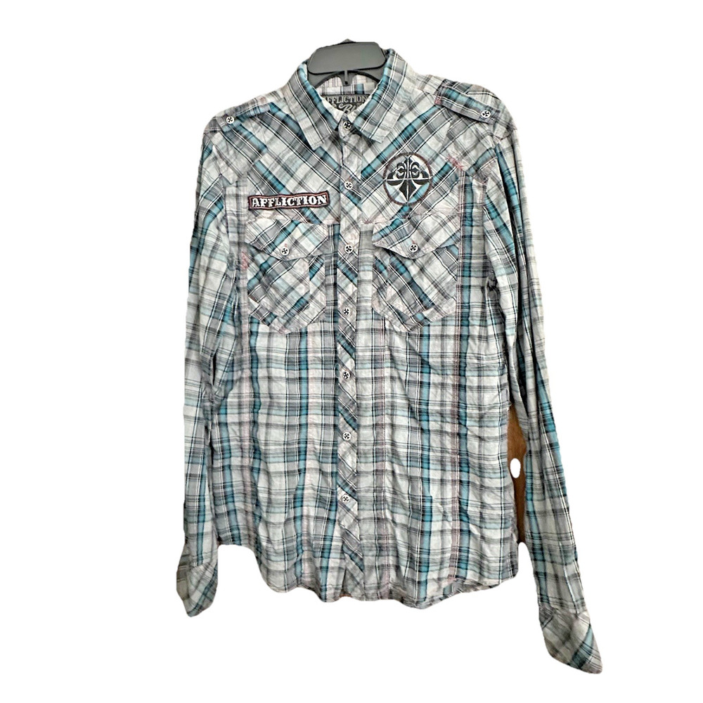 Affliction Black Premium Plaid Shirt XL Slim Fit Cross Button Long Sleeve skull